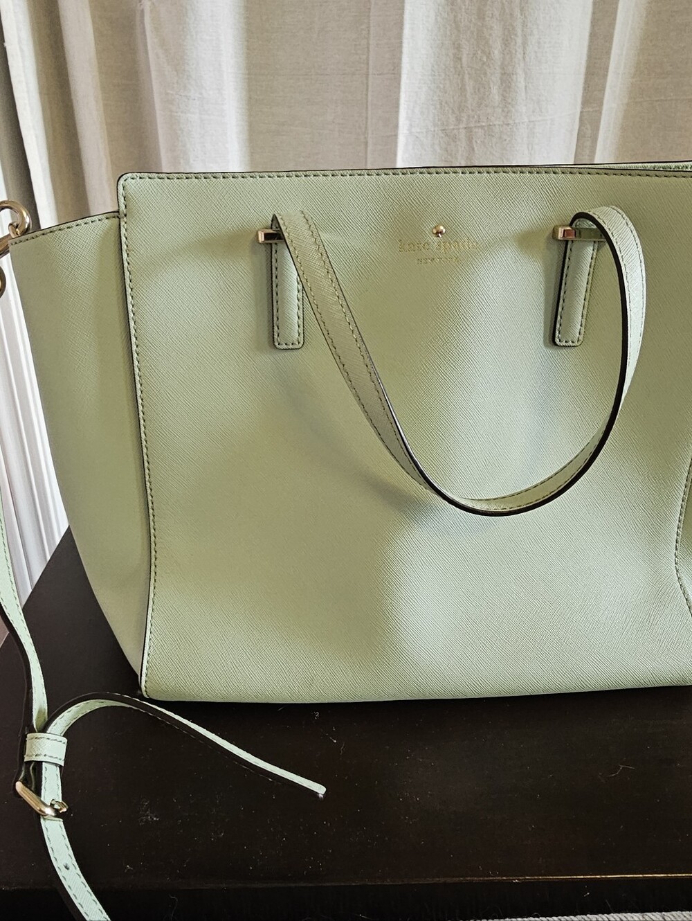 kate spade mint green structured tote with gold accents